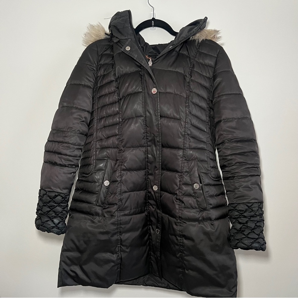 Betsey Johnson Black Quilted Hooded Coat with Faux Fur Trim Size XL